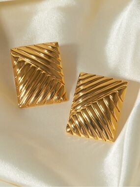 Gold Textured Square Statement Earrings Bold Geometric Studs